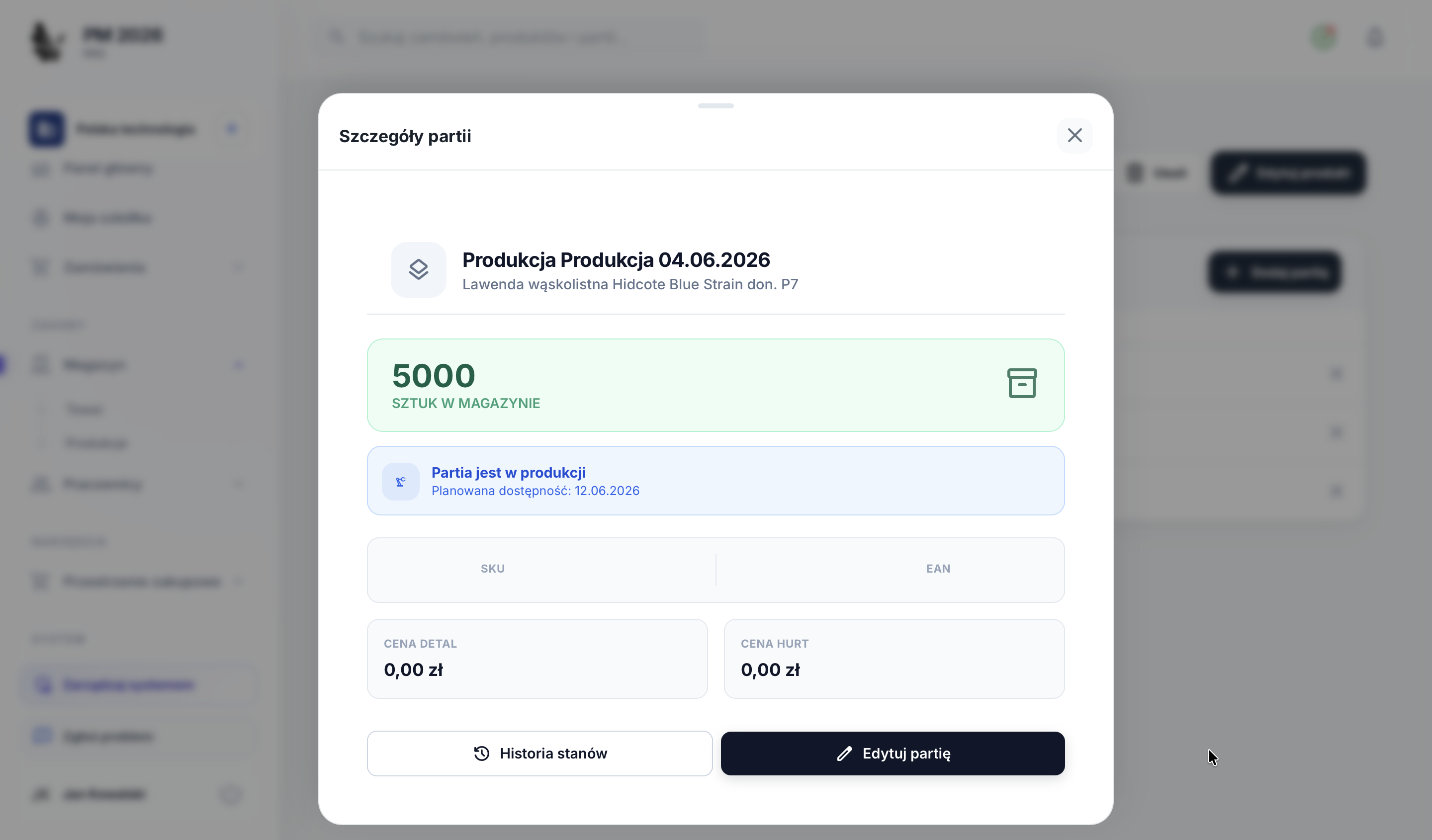 Szczegóły partii w Plants Manager