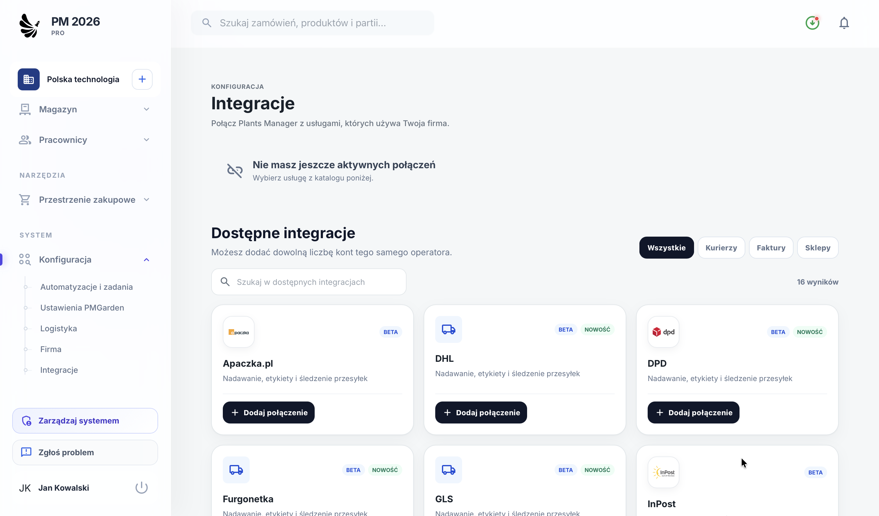 Katalog integracji w Plants Manager
