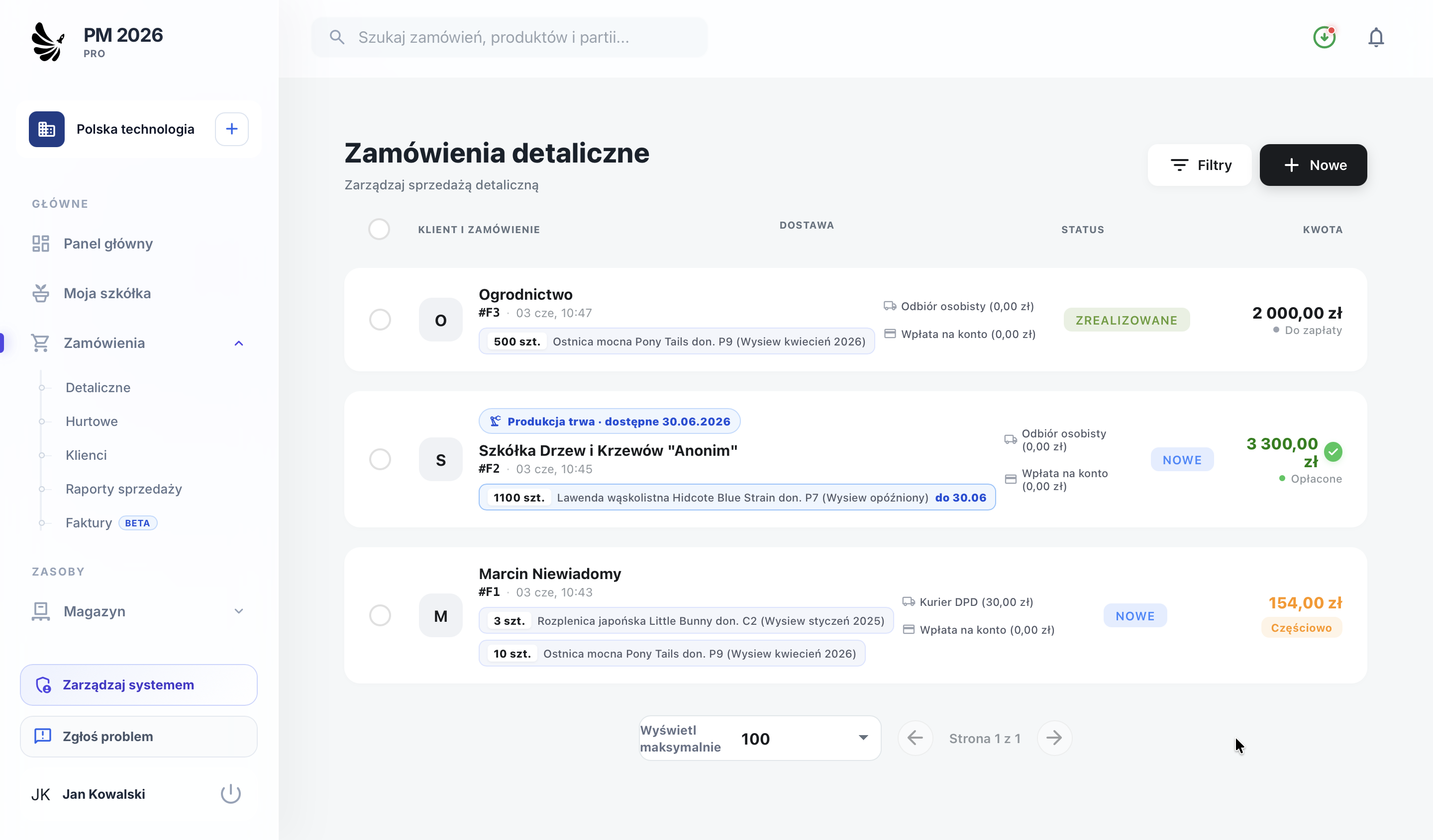 Lista zamówień w Plants Manager